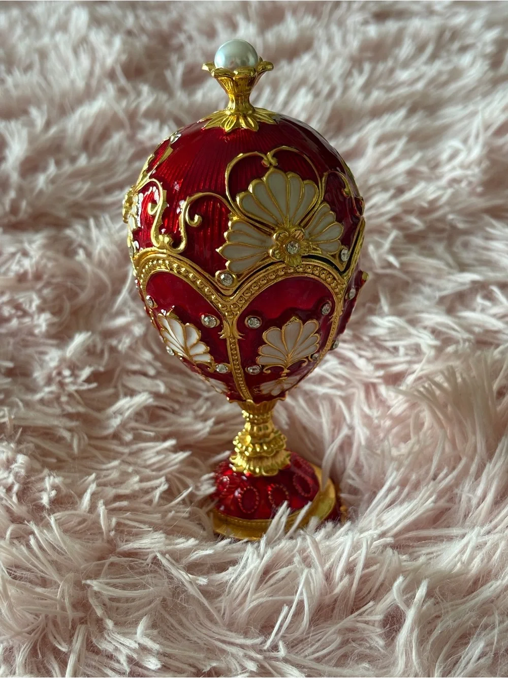 Red Decorative Jeweled Egg Ornament with Gold Accents